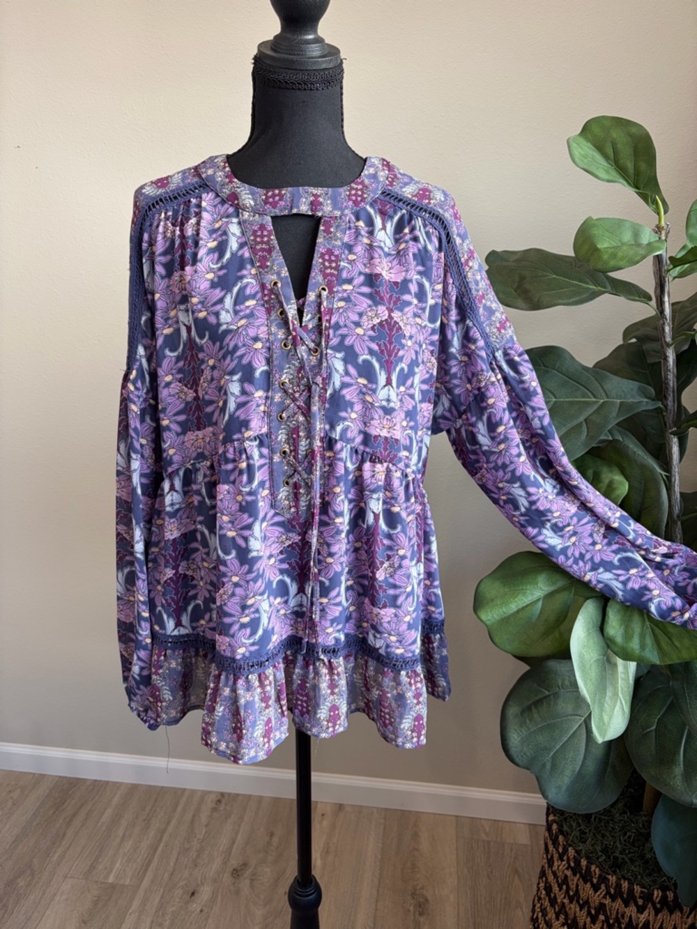 Lavender Floral Lace-Up Boho Tunic Top